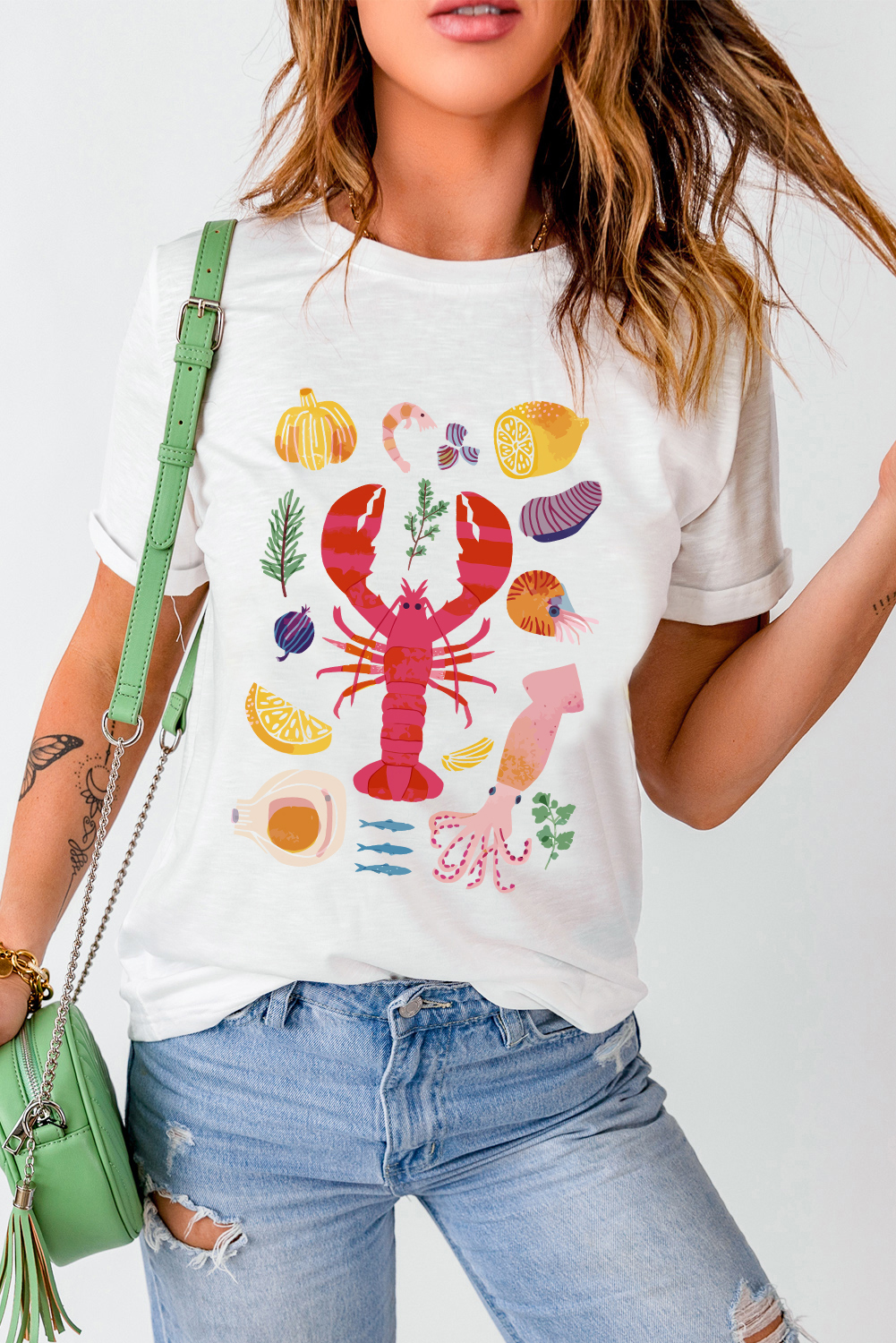 White Crawfish Food Ingredient Graphic Crewneck Tee - loveforevers
