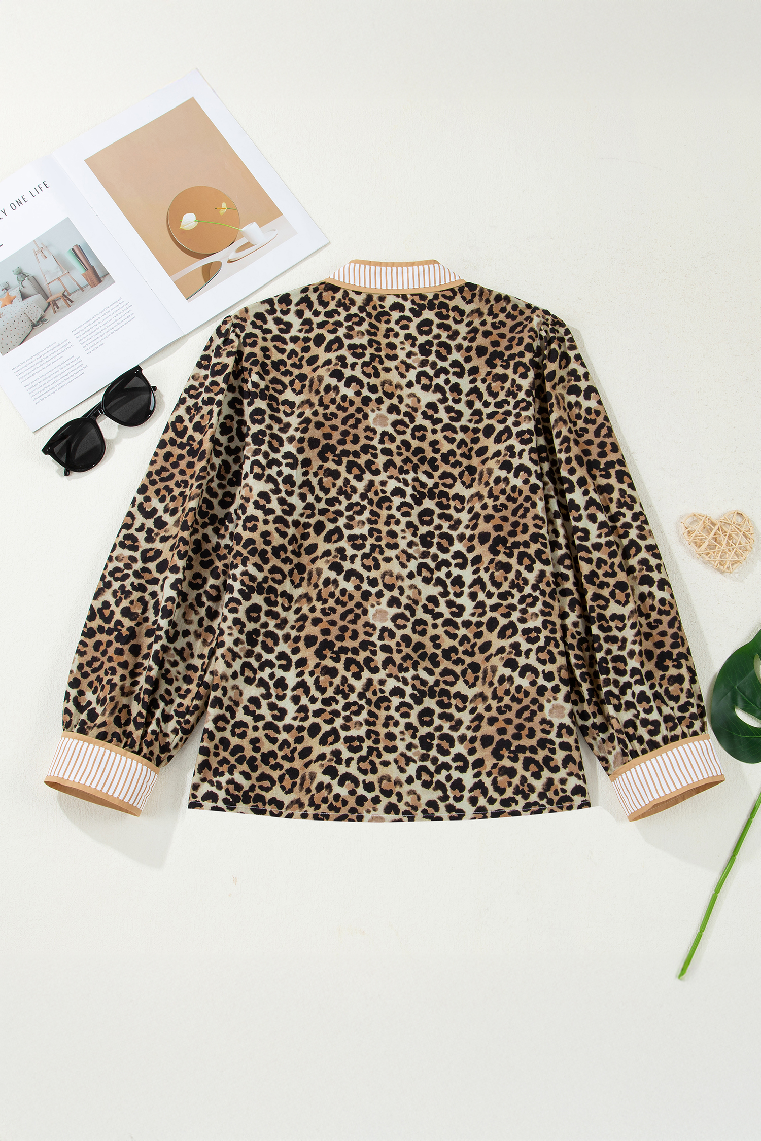 Khaki Contrast Striped Trim V Neck Leopard Shirt - loveforevers