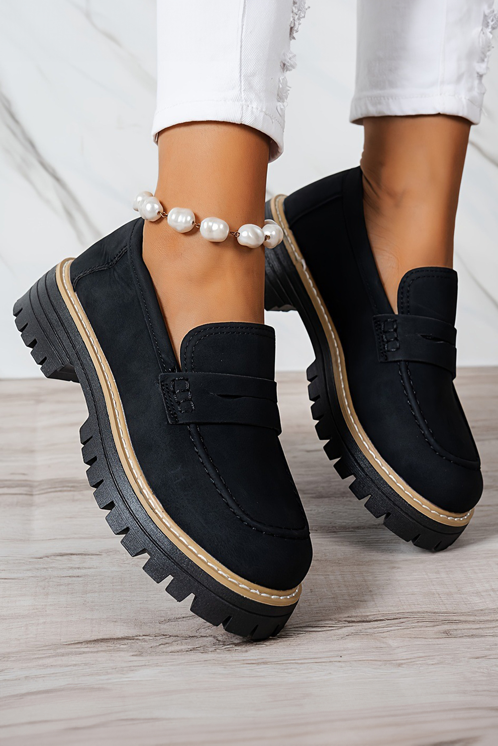Black Faux Suede Slip-on Chunky Loafers - loveforevers
