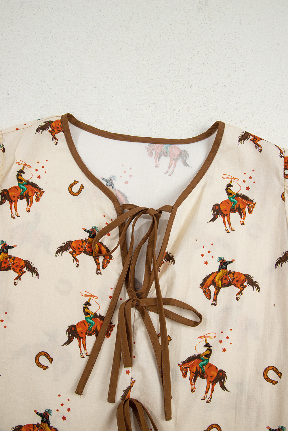 Apricot Cowboy Print Puff Sleeve Bowknot Peplum Blouse - loveforevers