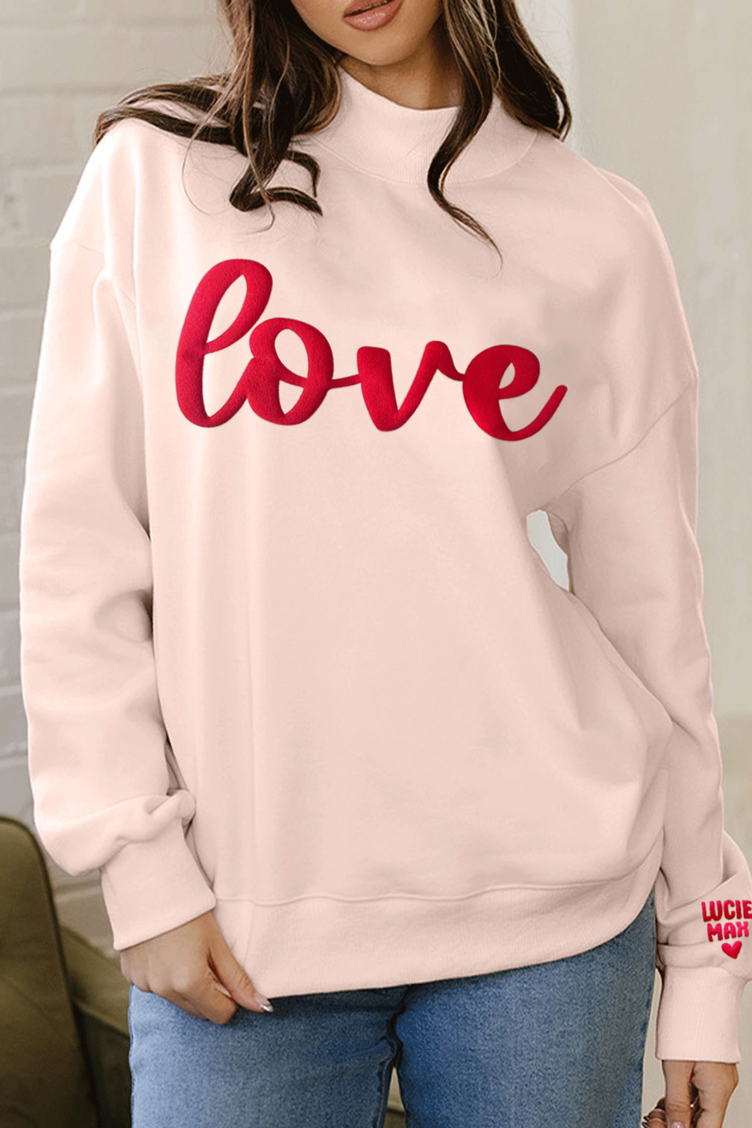 Apricot Pink Valentines Day Love LUCIE MAX Puffy Letter Print Mock Neck Sweatshirt - loveforevers
