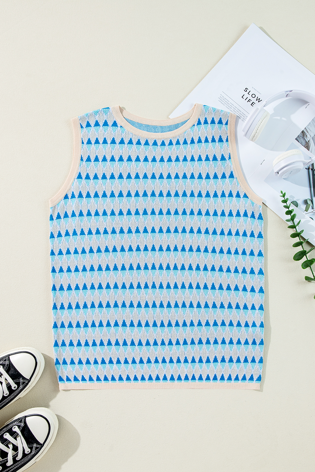 Sky Blue Stripe Geometric Print Round Neck Slim Fit Sweater Vest - loveforevers