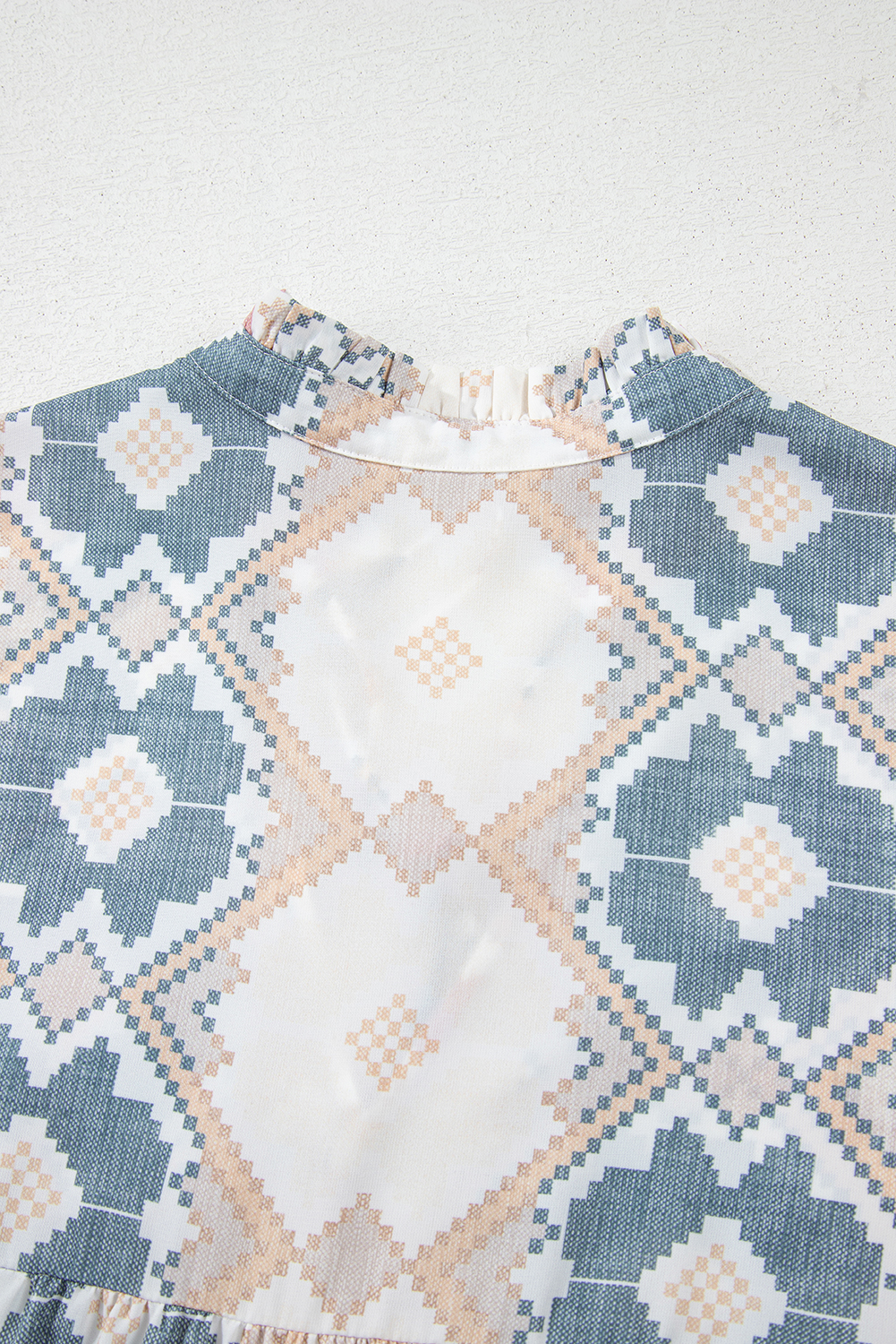 Khaki Geometric Print Tassel Tie Split Neck Balloon Sleeve Blouse - loveforevers
