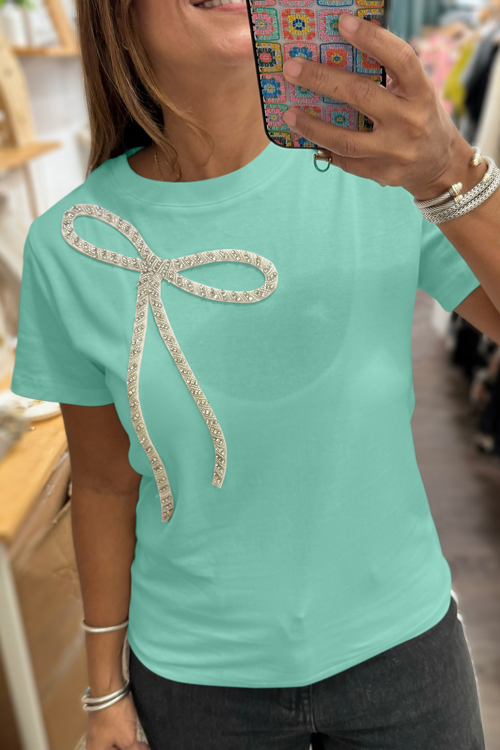 White Rhinestone Bow Embellished Round Neck Tee - loveforevers
