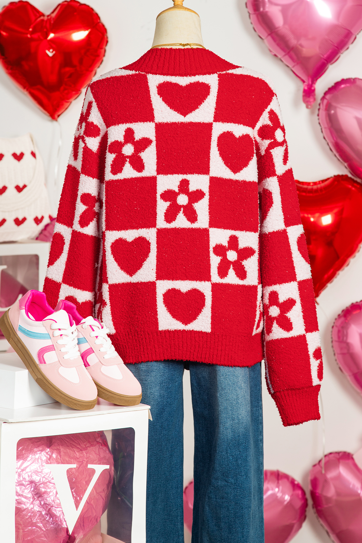 Fiery Red V Neck Flower Heart Detail Checkered Knit Loose Sweater - loveforevers