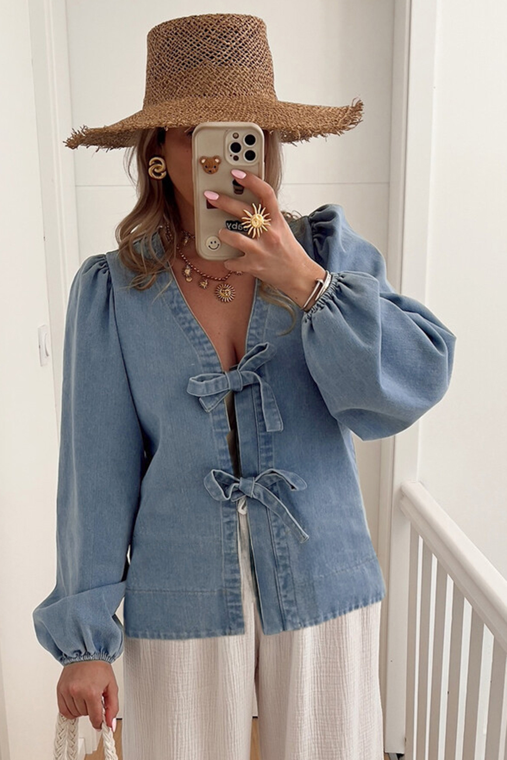 Dusk Blue Tied Front Long Puff Sleeve Denim Top - loveforevers
