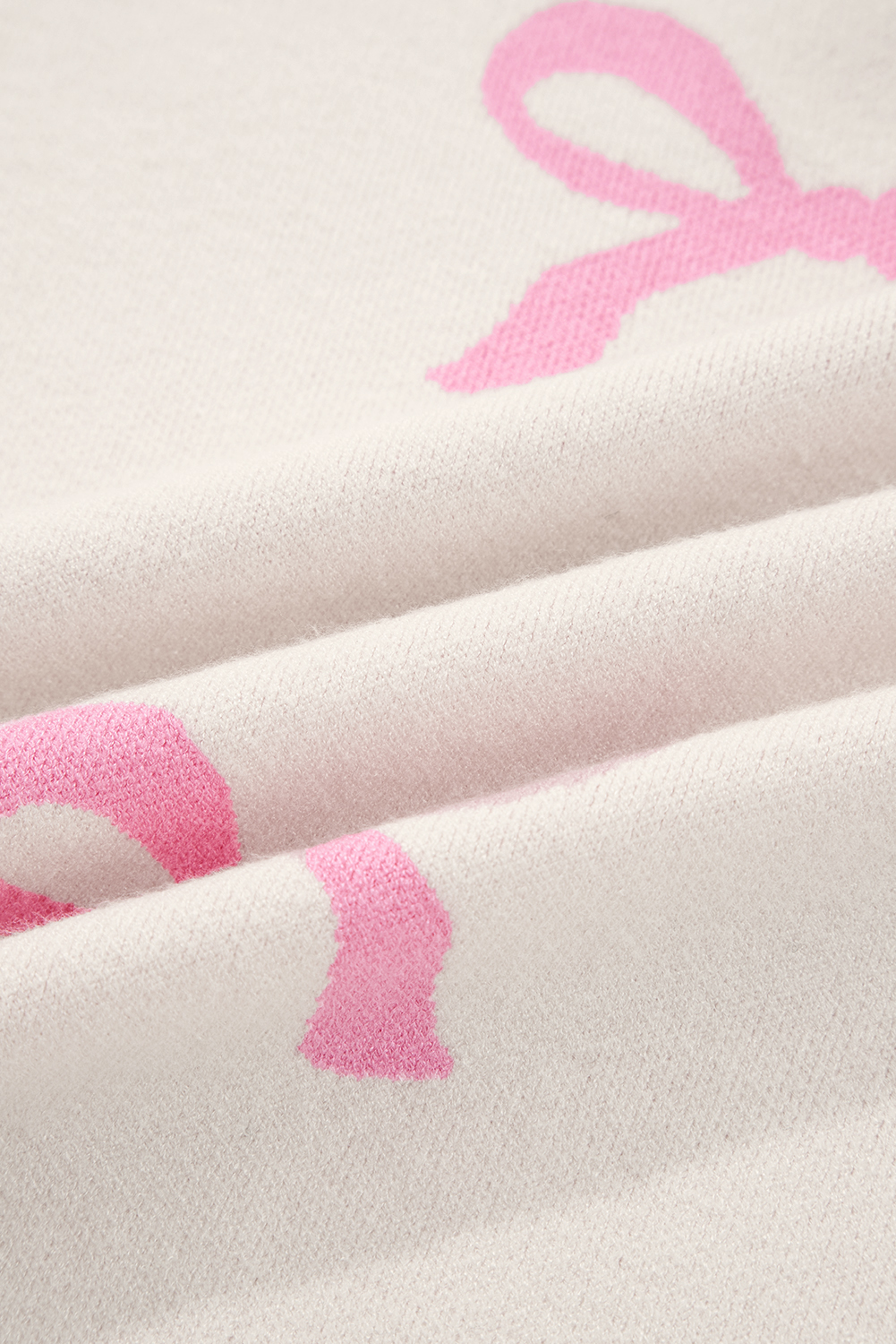 Pink Bow Print Ribbed Trim Exposed Seam Drop Shoulder Loose Sweater - loveforevers