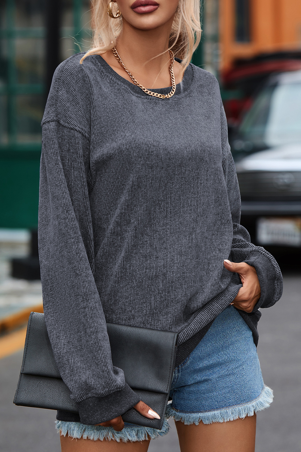 Pink Solid Ribbed Knit Round Neck Pullover Sweatshirt - loveforevers