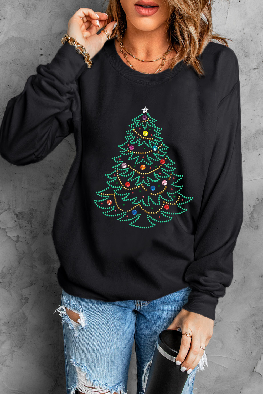 Black Rhinestone Christmas Tree Graphic Pullover Sweatshirt - loveforevers