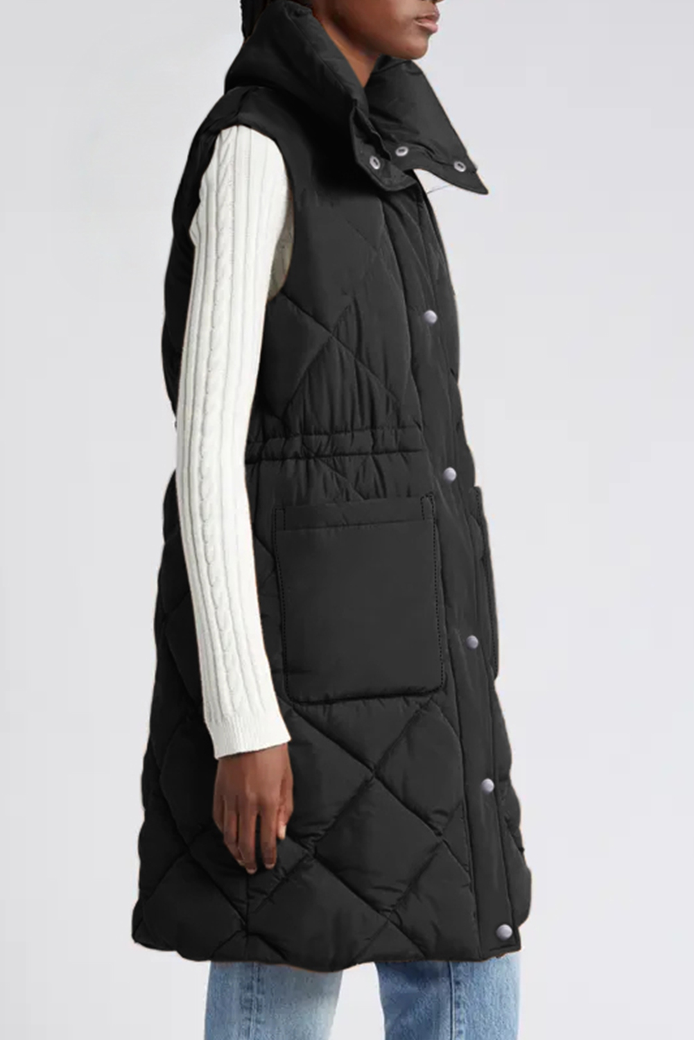 Black Longline Quilted Stand Collar Puffer Vest - loveforevers