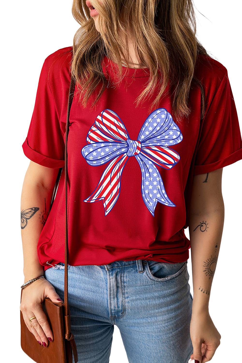Red American Flag Bow Knot Print Crew Neck T Shirt - loveforevers