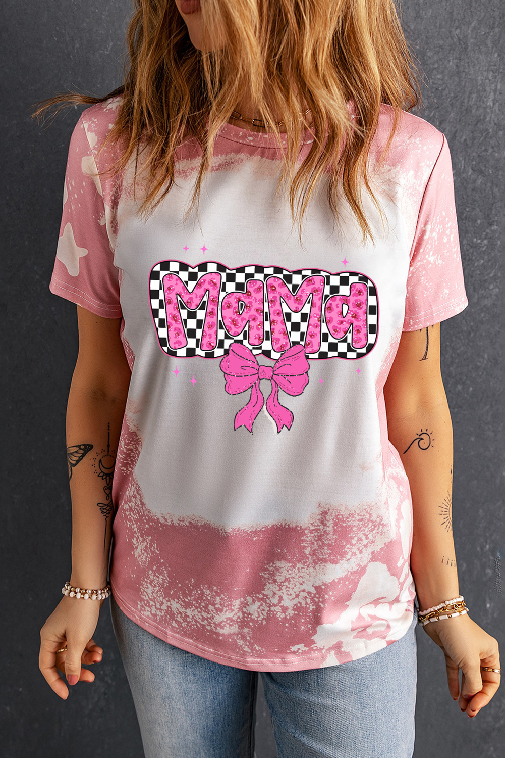 Pink Checkered Bow MAMA Graphic Tie-dye Tee - loveforevers