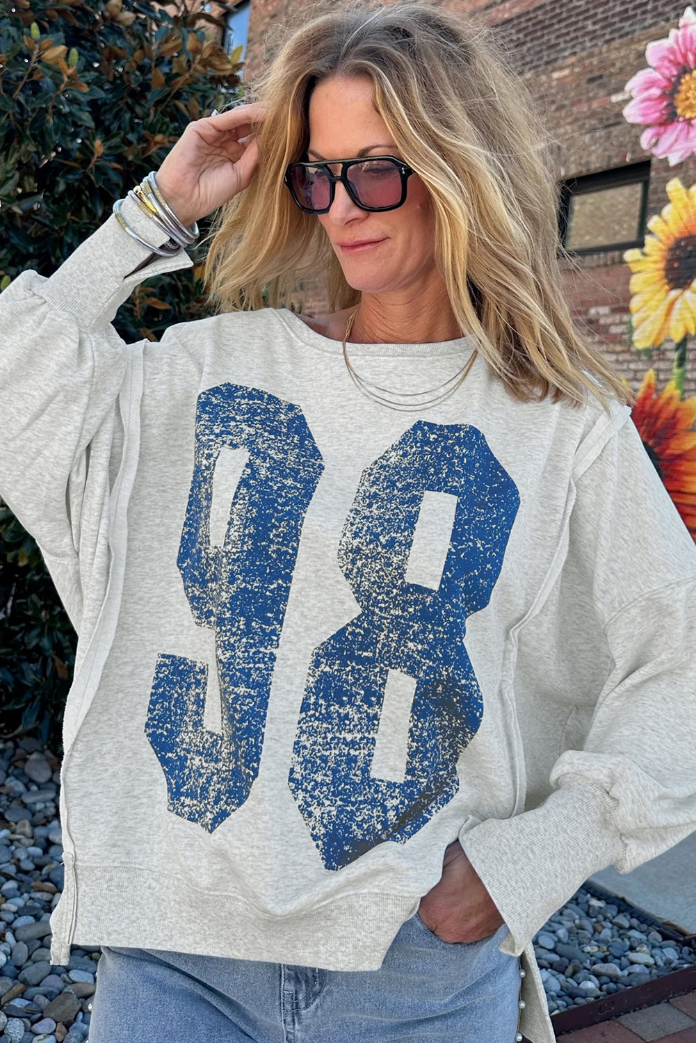 Light Grey Faded Varsity Print Loose Pullover Top - loveforevers
