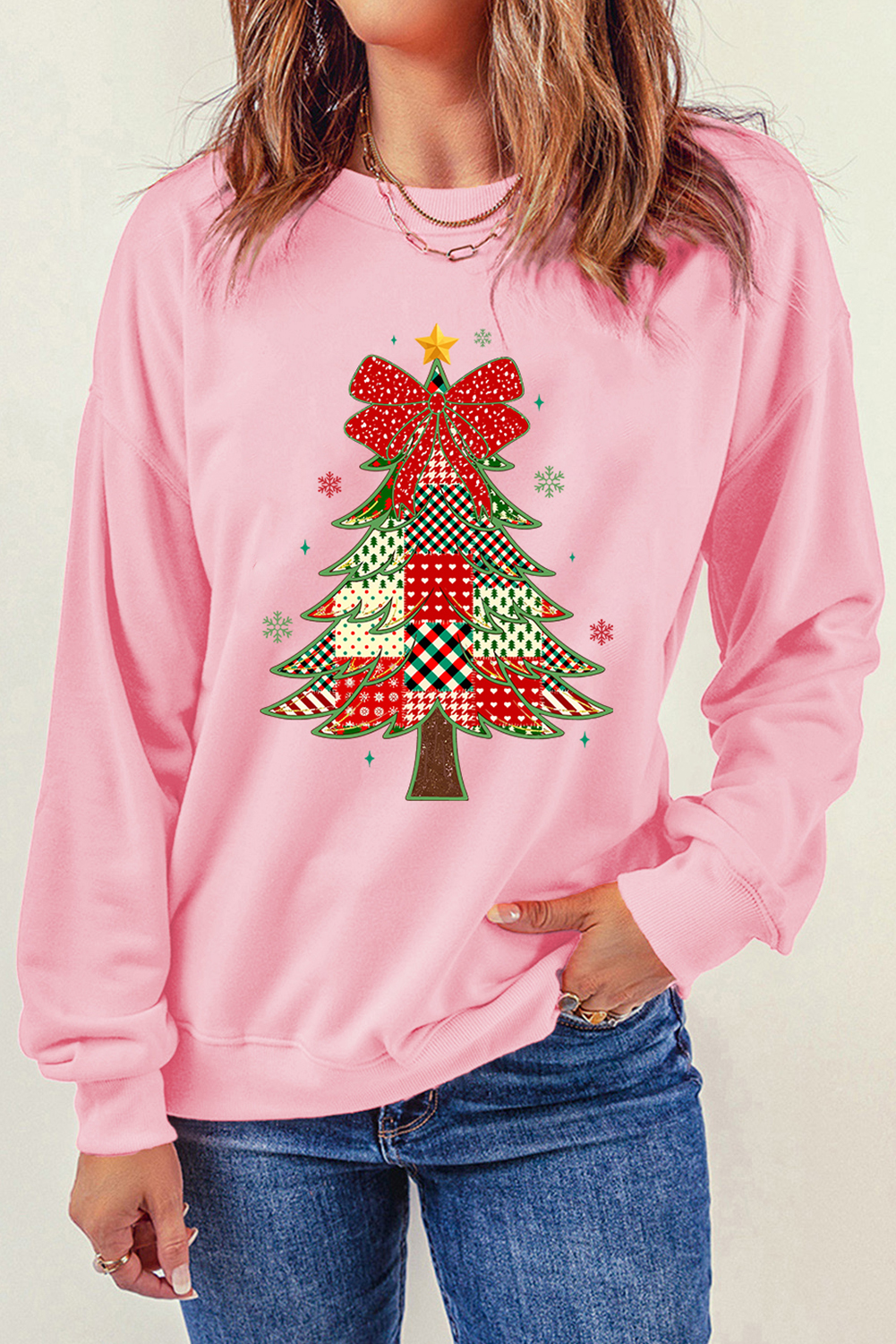 Pink Multi-pattern Checkered Christmas Tree Womens Drop Shoulder Sweatshirt - loveforevers
