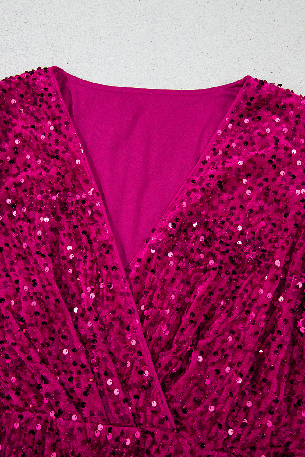 Pitaya Pink Velvet Sequin Long Sleeve V Neck Wrapped Mini Dress - loveforevers