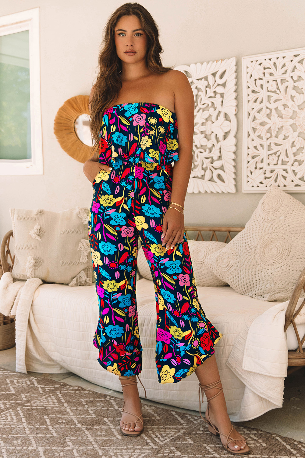 Red Mix Tropical Print Strapless Ruffled Jumpsuit - loveforevers