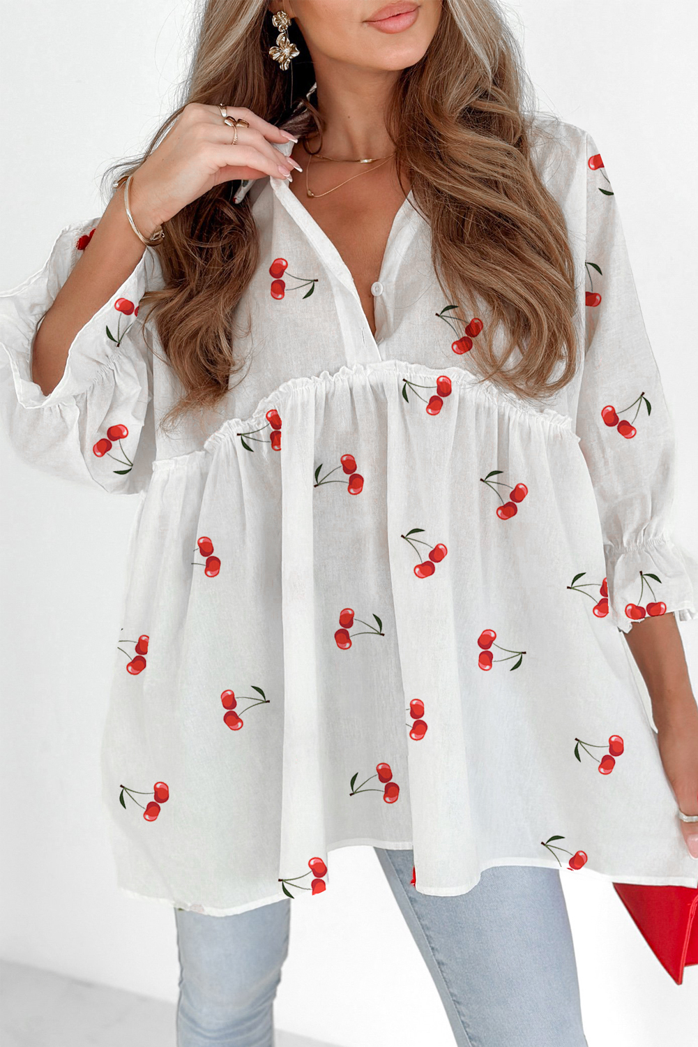 White Cherry Print Flounce Sleeve Collared Frilled Babydoll Blouse - loveforevers