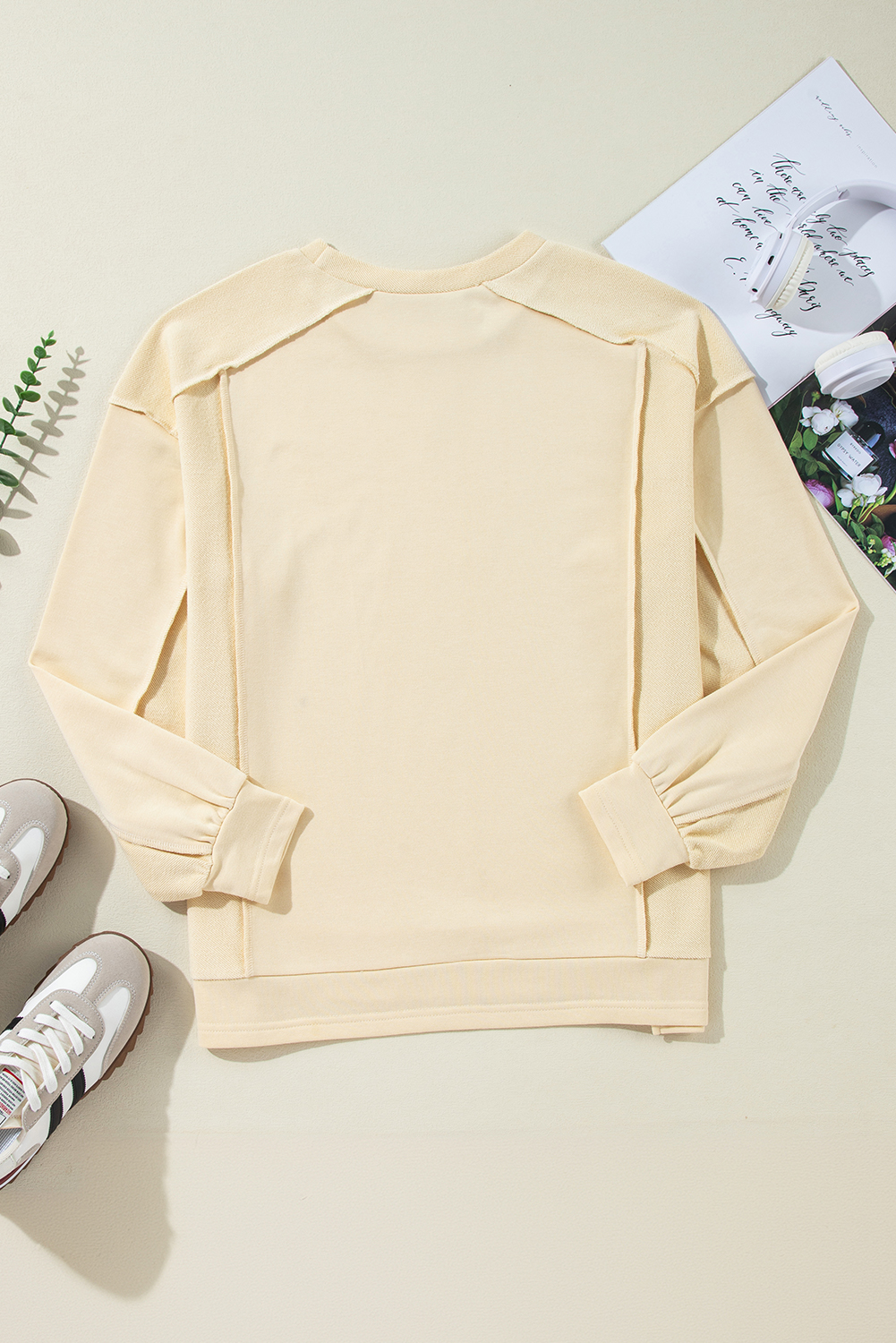 Beige Splicing Round Neck Pullover Sweatshirt - loveforevers