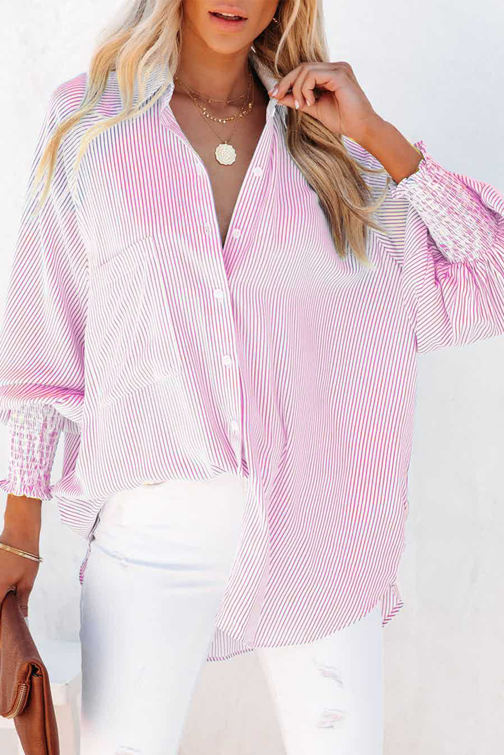 Red Stripe Smocked Cuffed Striped Boyfriend Shirt with Pocket - loveforevers