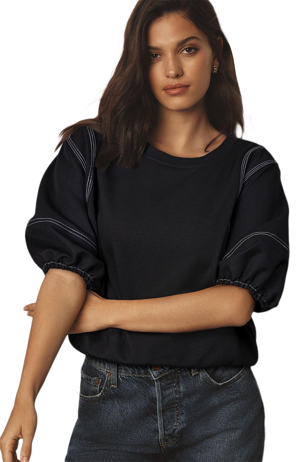 Black Contrast Stitches Detail Puffy Half Sleeve Blouse - loveforevers