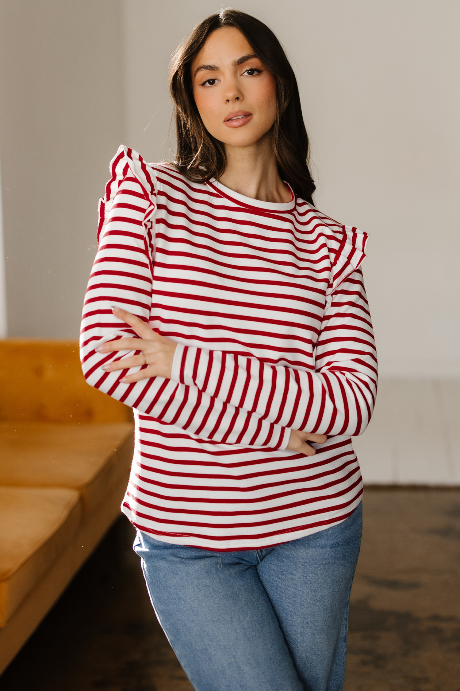 Red Stripe Round Neck Ruffle Trim Long Sleeve Top - loveforevers