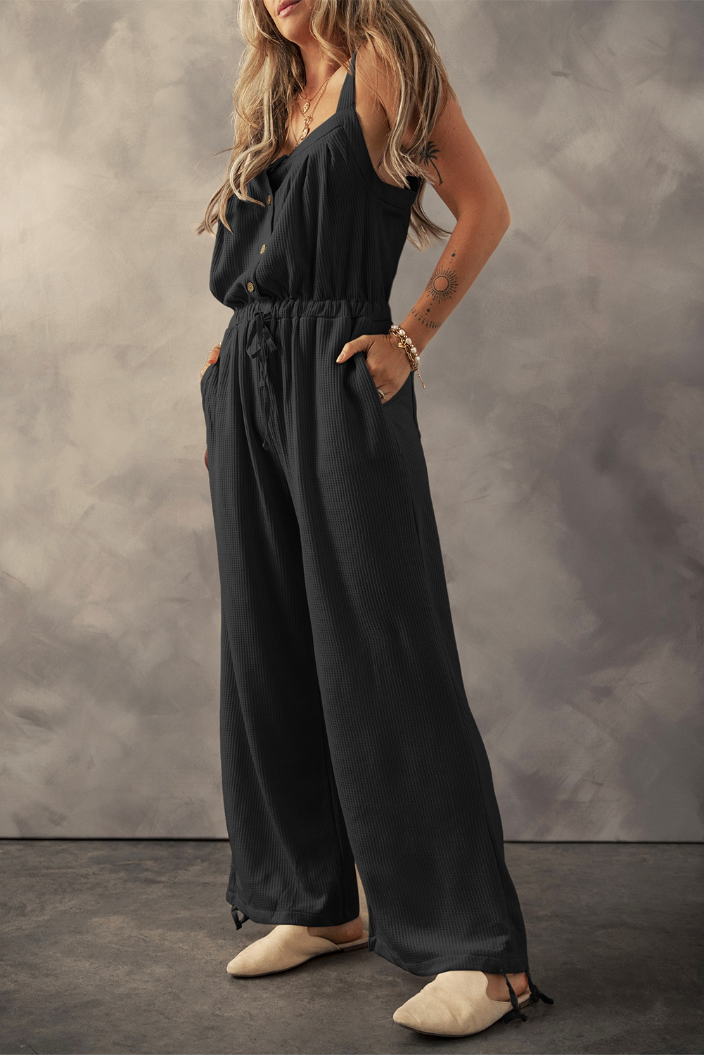 Black Knotted Straps Button Textured Drawstring Jumpsuit - loveforevers