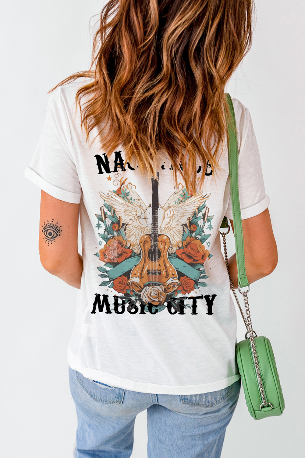 White NASHVILLE MUSIC CITY Guitar Wings Graphic Tee - loveforevers