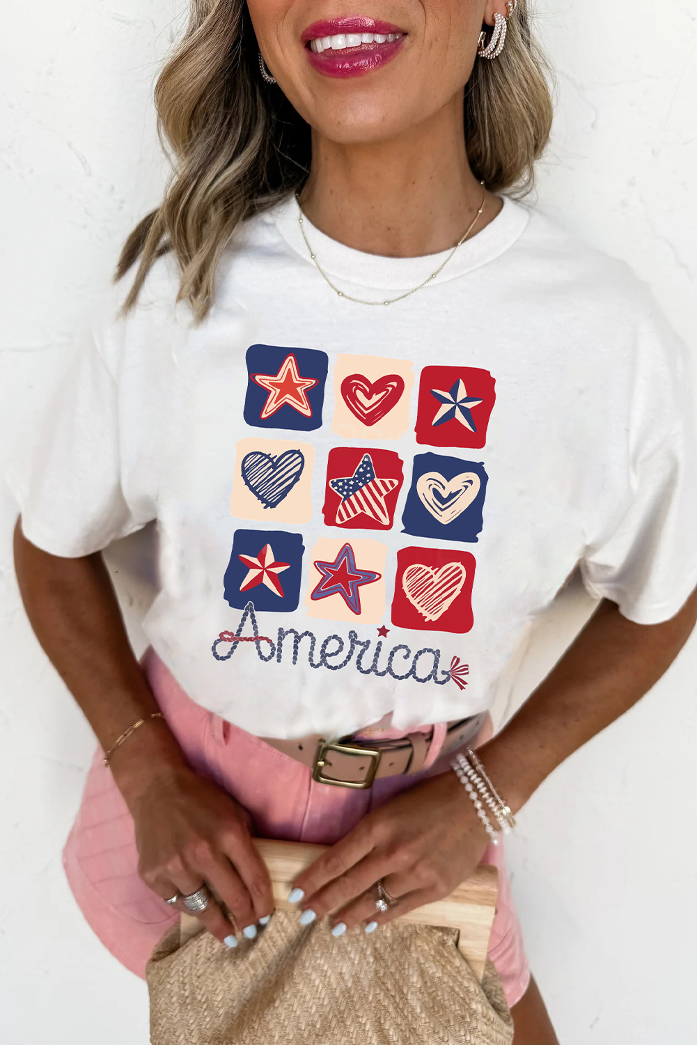 White American Heart Star Checkered Graphic Tee - loveforevers