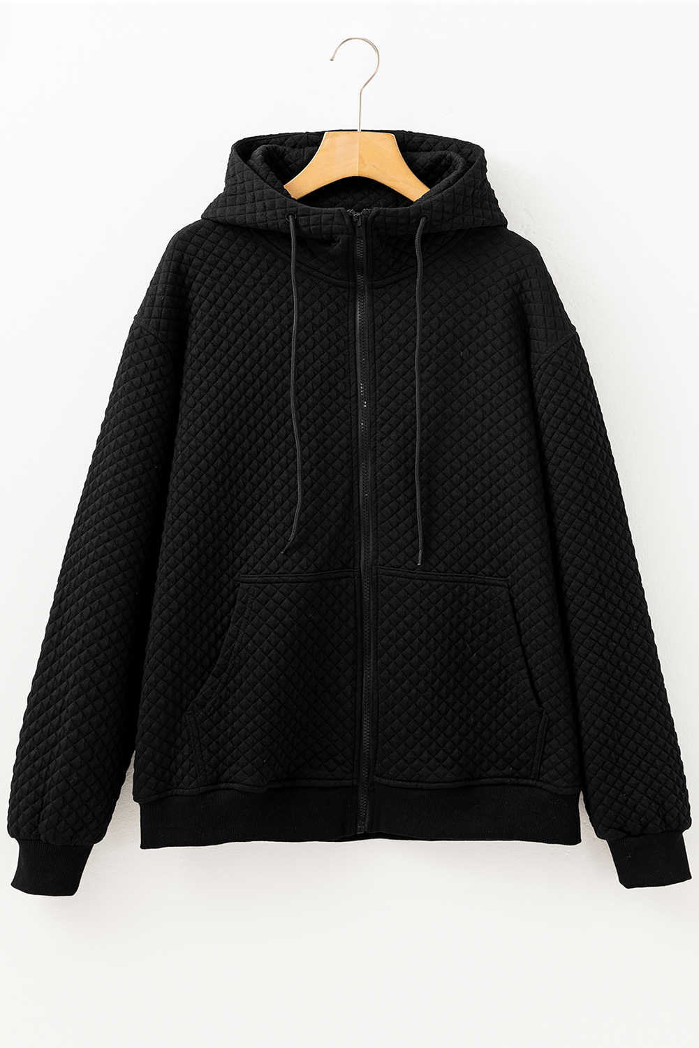 Black Quilted Side Pockets Zipper Hooded Jacket - loveforevers