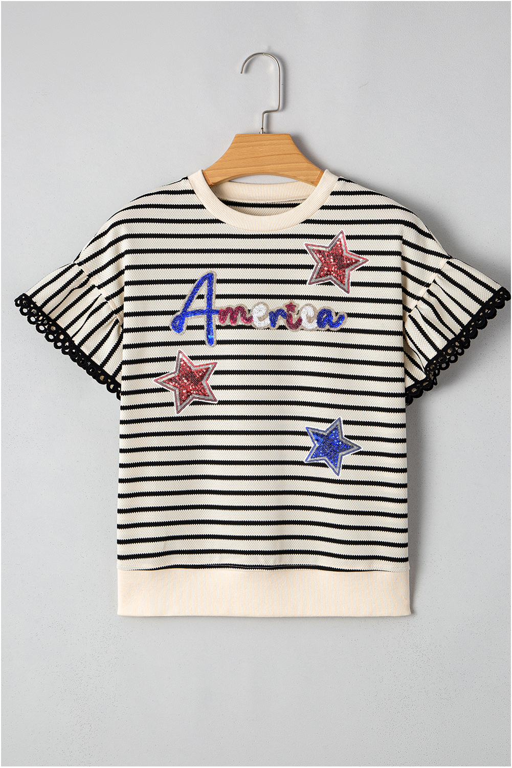 Black Stripe Sequin America Star Graphic Ric Rac Flutter Sleeve Blouse - loveforevers