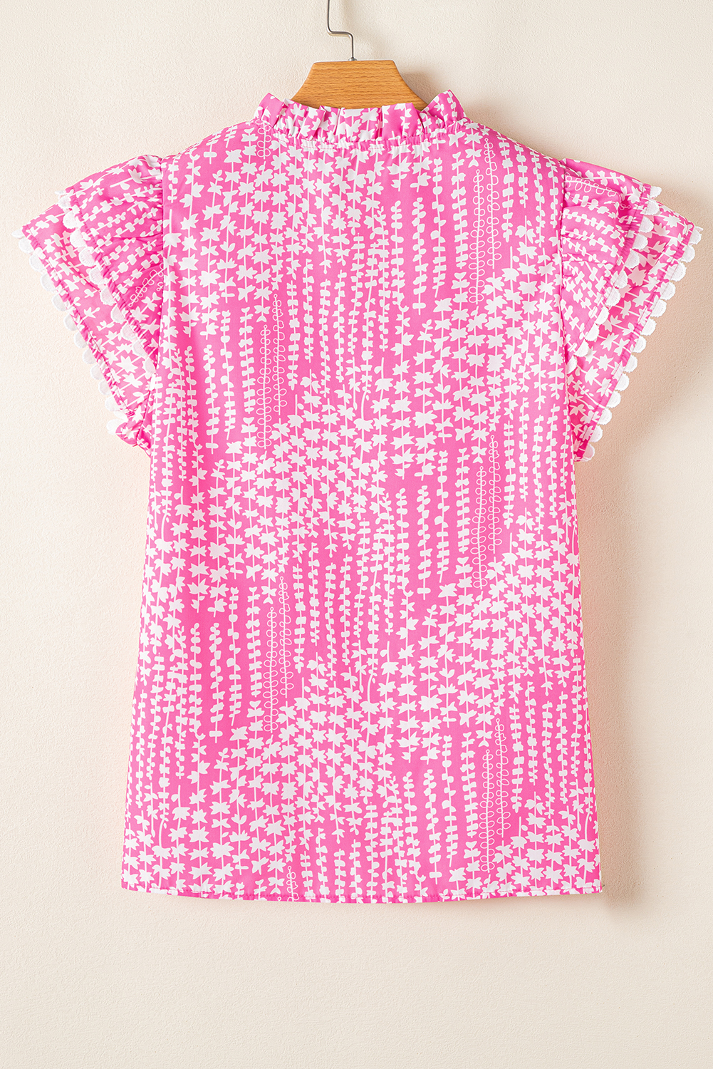 Pink Abstract Print Ric Rac Trim Flutter Sleeve Notch V Neck Blouse - loveforevers