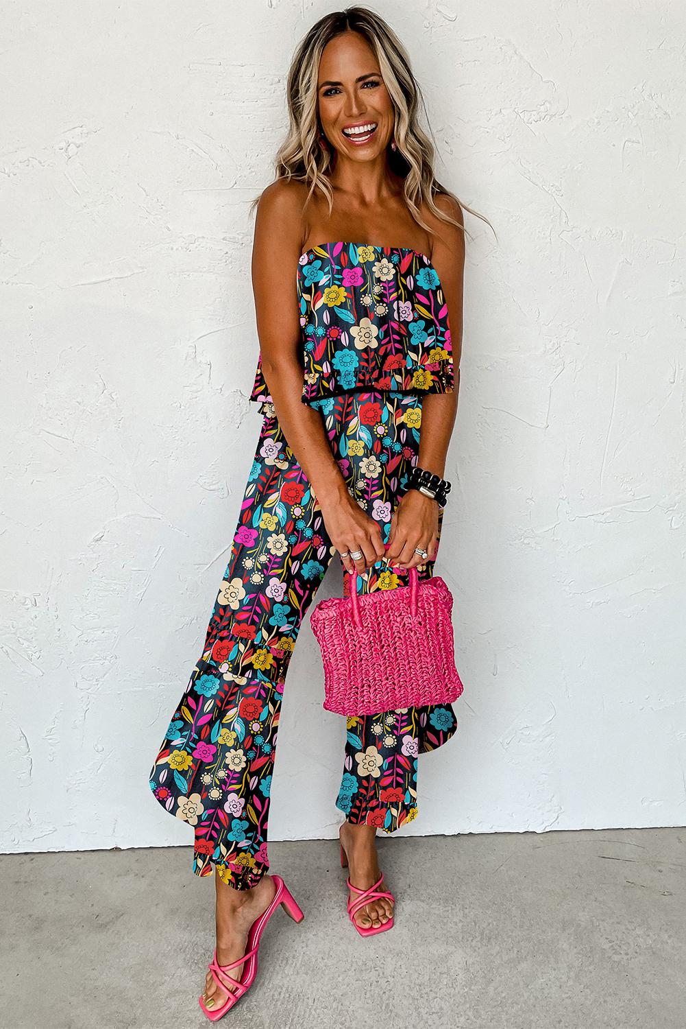 Red Mix Tropical Print Strapless Ruffled Jumpsuit - loveforevers