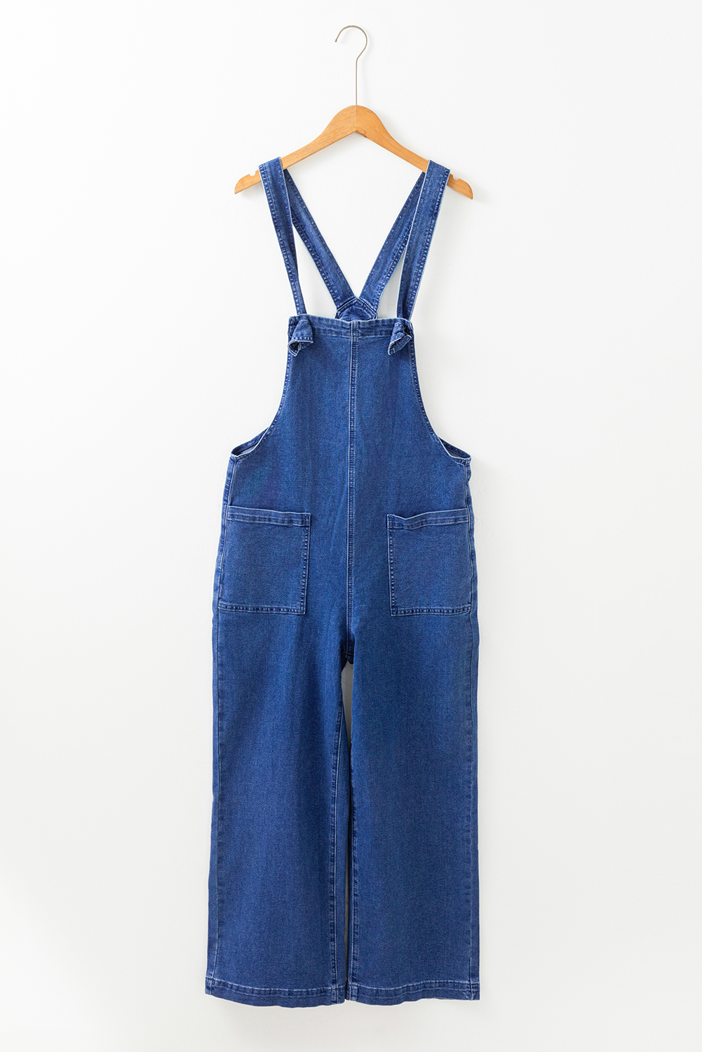 Prussian Blue Mineral Wash Knotted Strap Patched Pocket Wide Leg Denim Overall - loveforevers