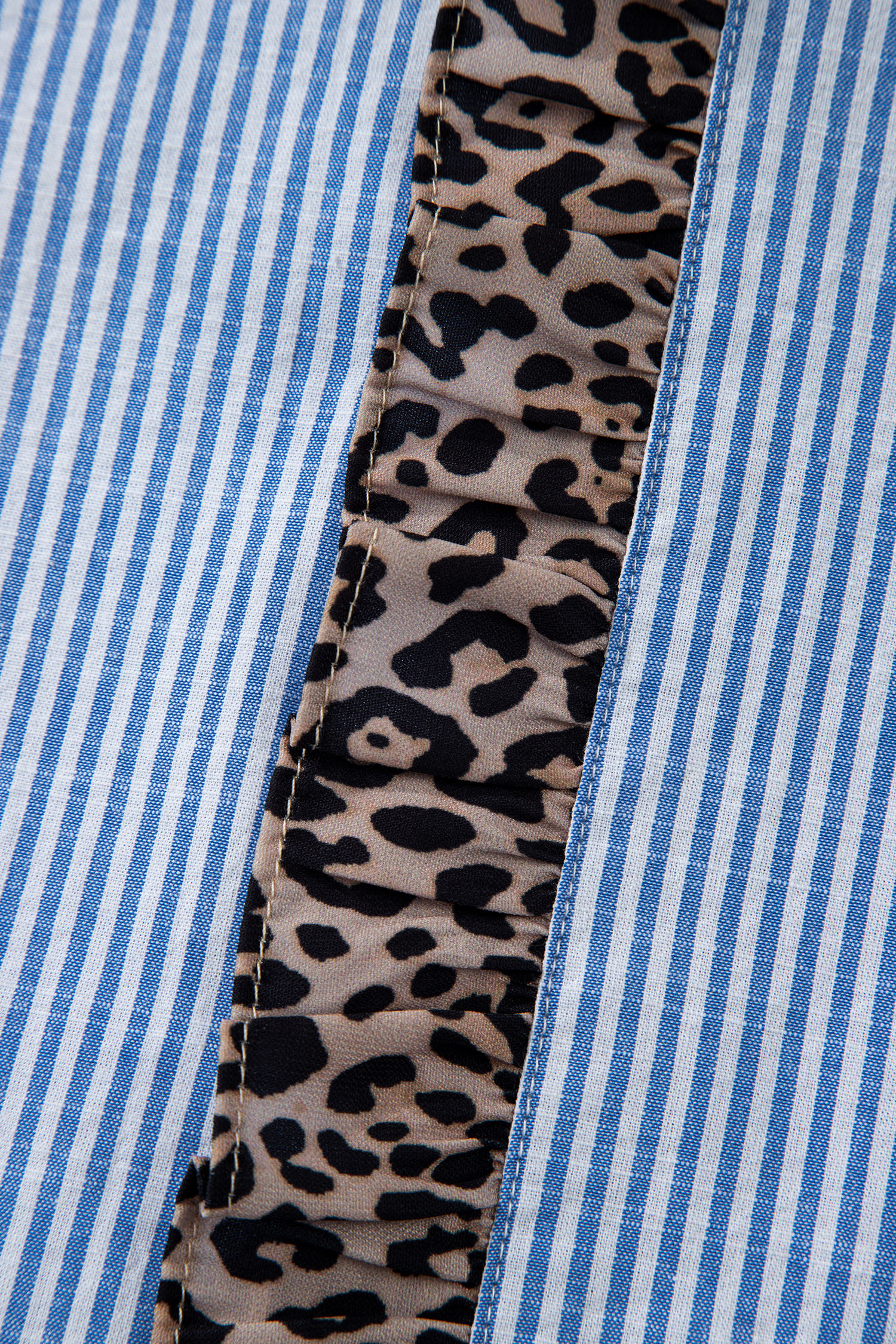 Sky Blue Stripe Contrast Frilled Leopard Trim Casual Long Sleeve Shirt - loveforevers