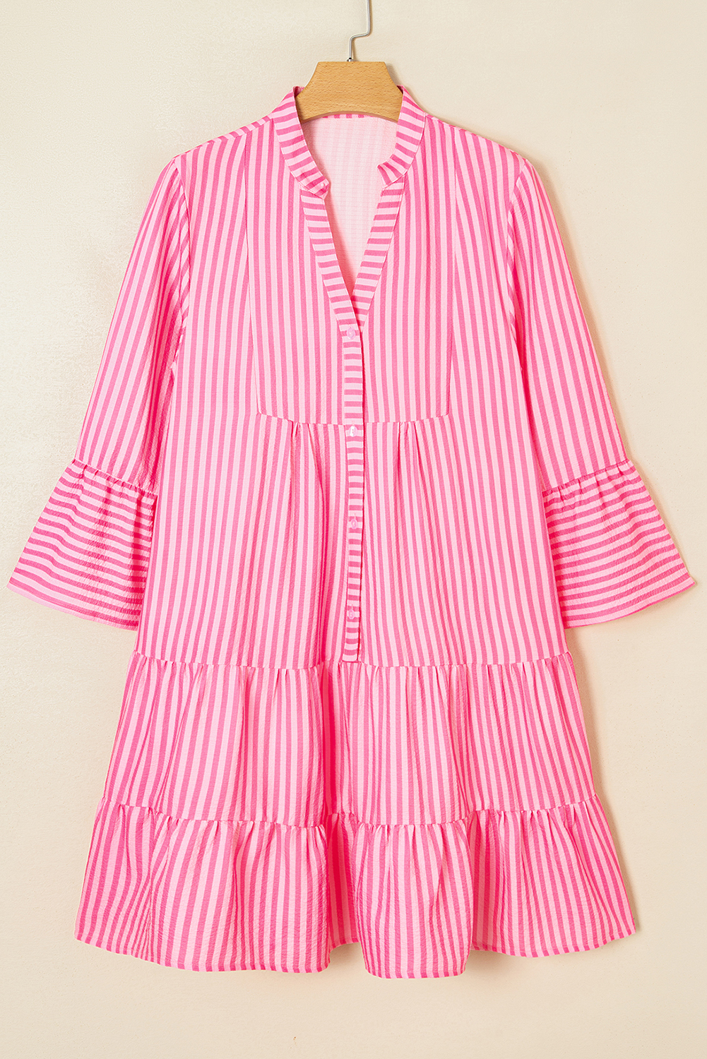 Pink Stripe Flare Sleeve Half Placket Tiered Flowy Mini Dress - loveforevers