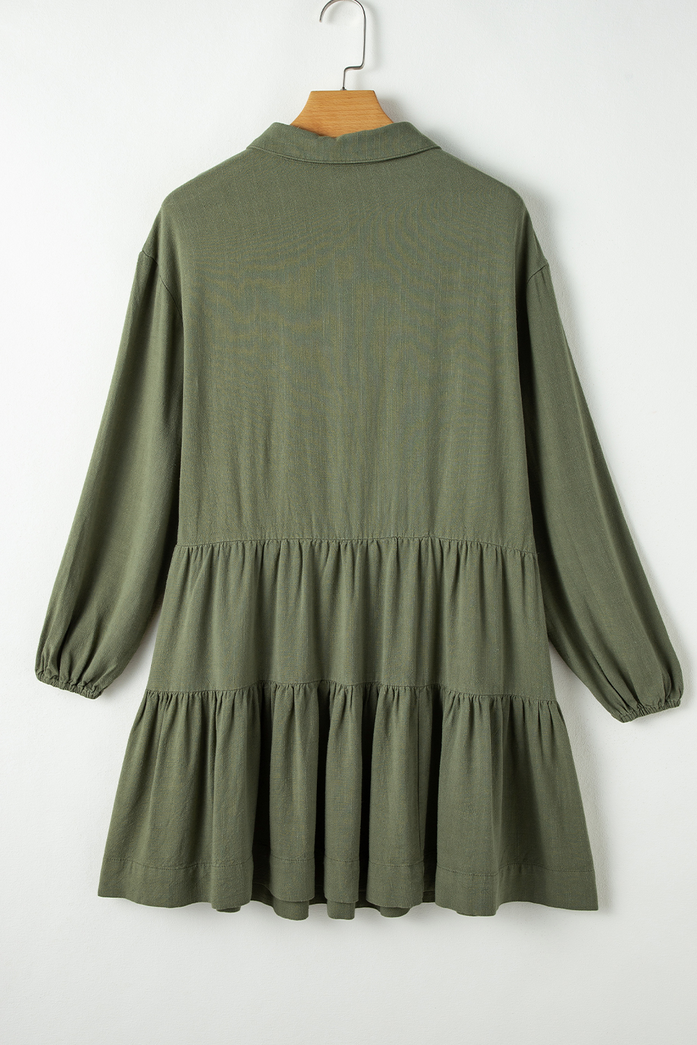 Jungle Green Puff Sleeve Buttoned Tiered Pleated Shirt Mini Dress - loveforevers