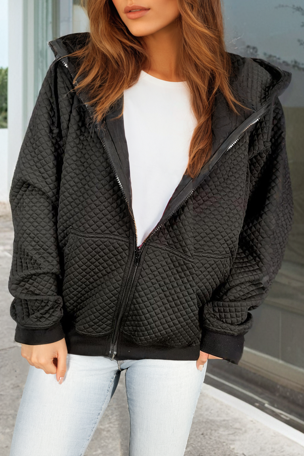 Black Quilted Side Pockets Zipper Hooded Jacket - loveforevers