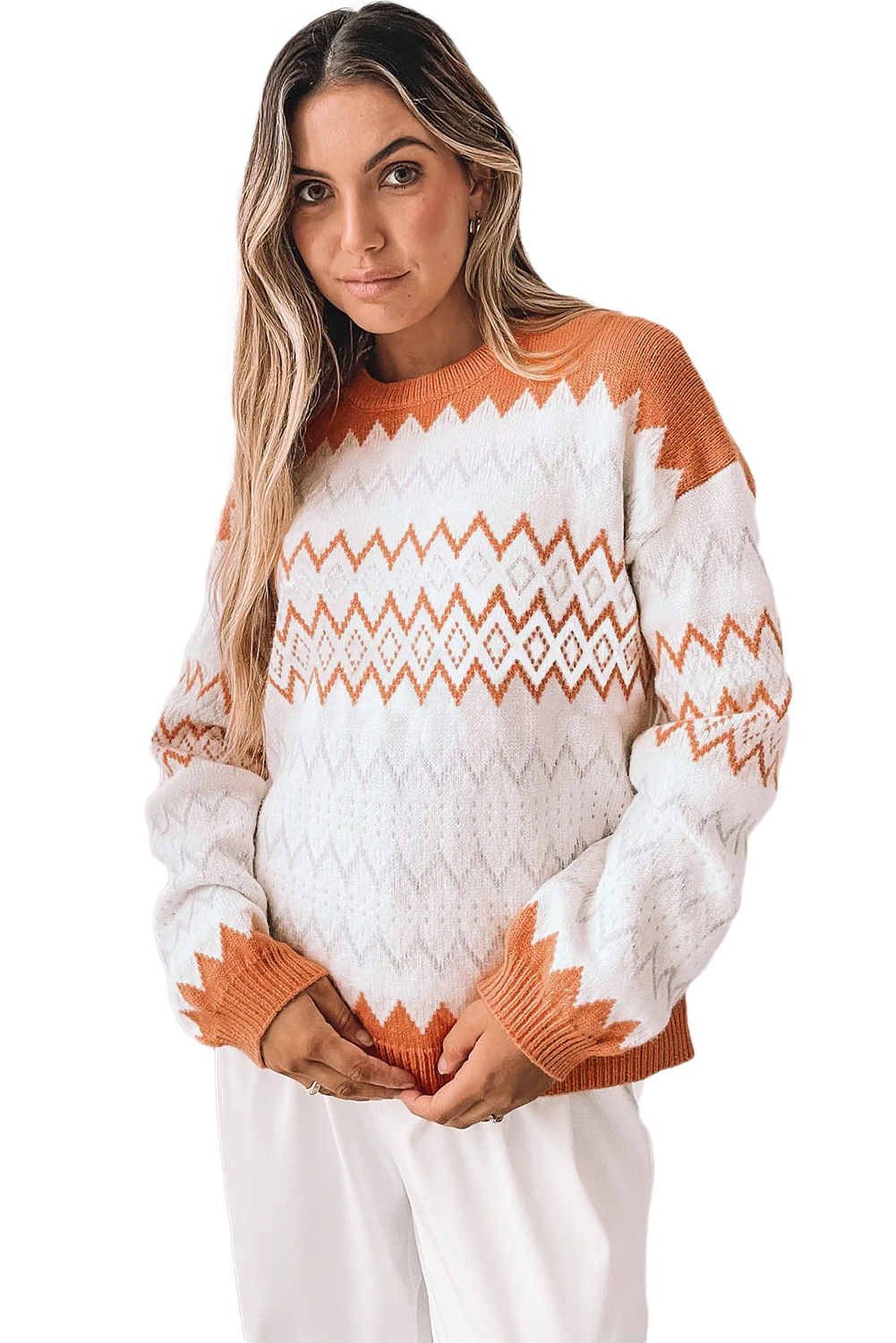 Khaki Zigzag Geometric Pattern Knitted Pullover Sweater - loveforevers