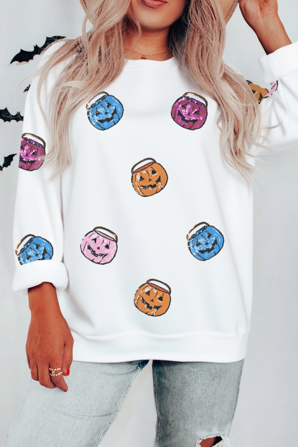 White Halloween Pumpkin Lantern Sequin Patched Sweatshirt - loveforevers