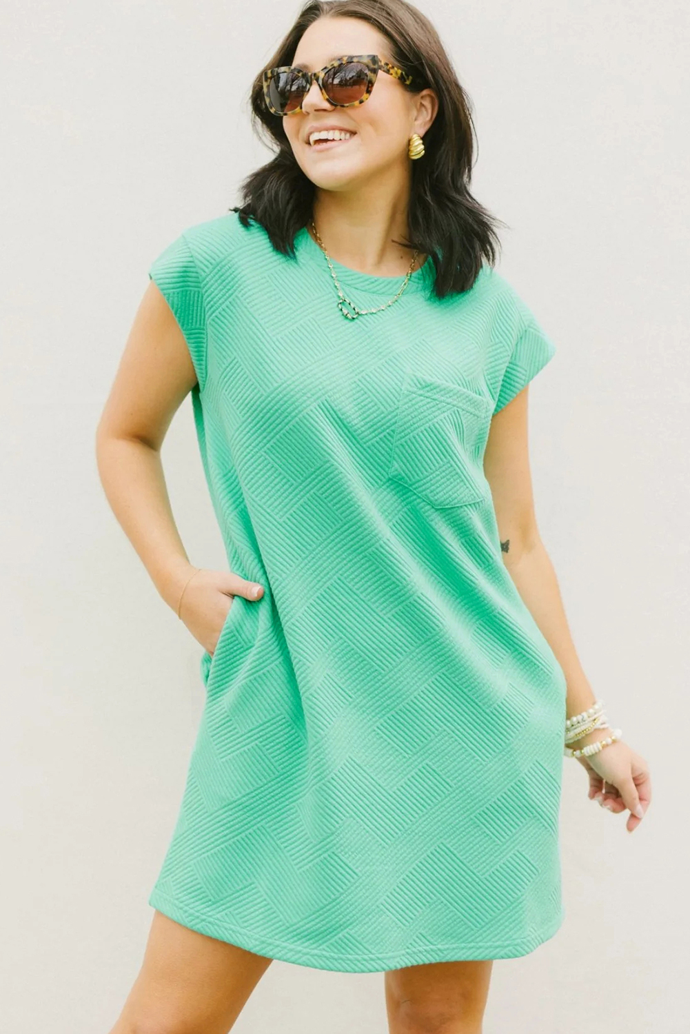 Mint Green Textured Cap Sleeve T Shirt Dress - loveforevers