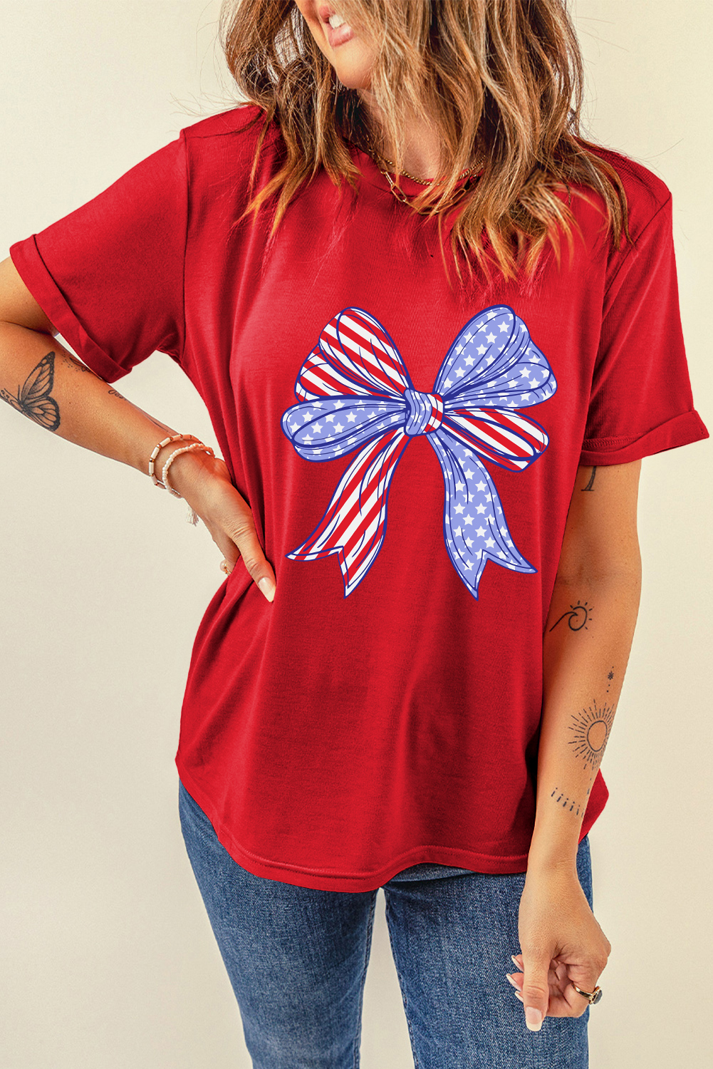 Red American Flag Bow Knot Print Crew Neck T Shirt - loveforevers