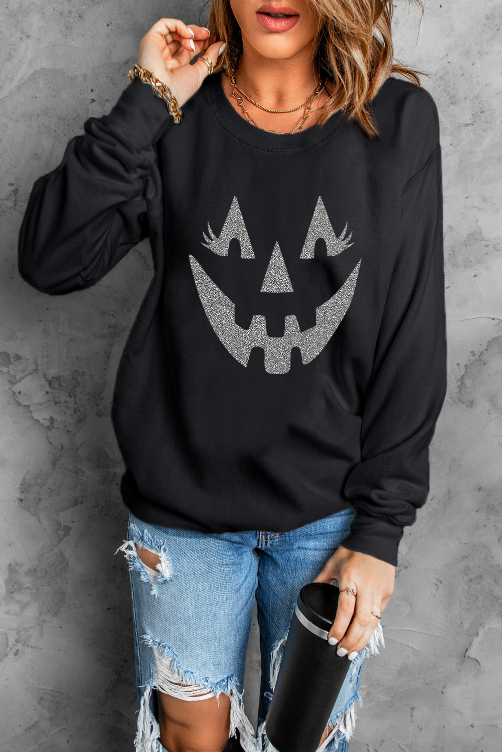 Black Spooky Face Printed Halloween Fashion Baggy Sweatshirt - loveforevers