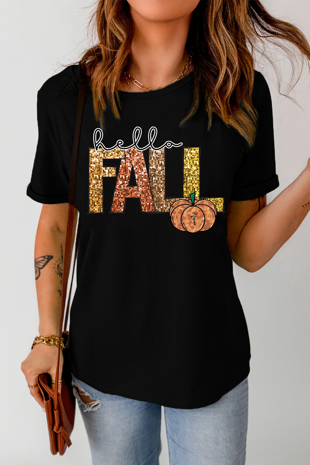 Black Hello Fall Letter Pumpkin Printed Thanksgiving T Shirt - loveforevers