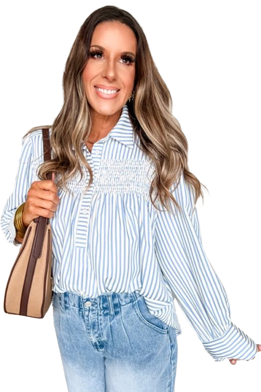 Sky Blue Stripe Shirred Detail Half Placket Collared Long Sleeve Fall Shirt - loveforevers