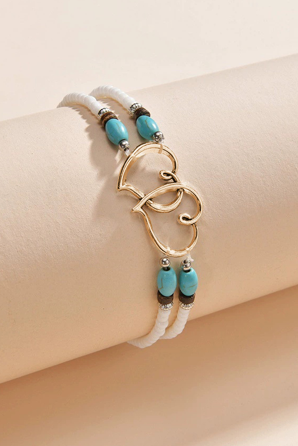Gold Boho Heart Shape Turquoise Beaded Stretch Anklet - loveforevers
