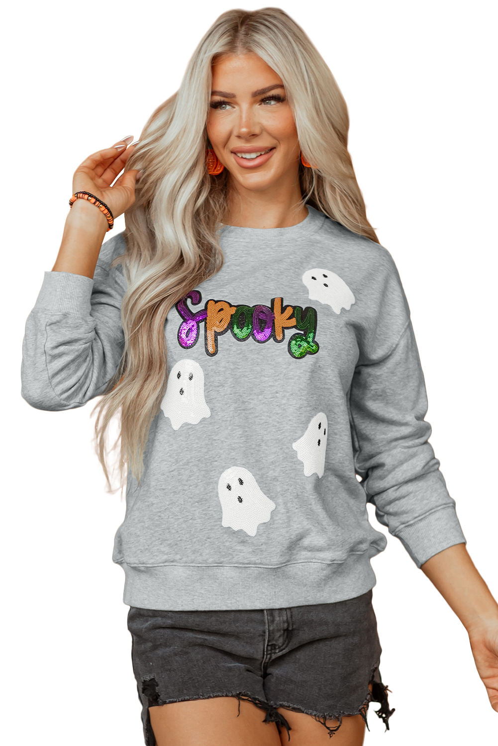Gray Spooky Halloween Ghost Sequin Patched Sweatshirt - loveforevers