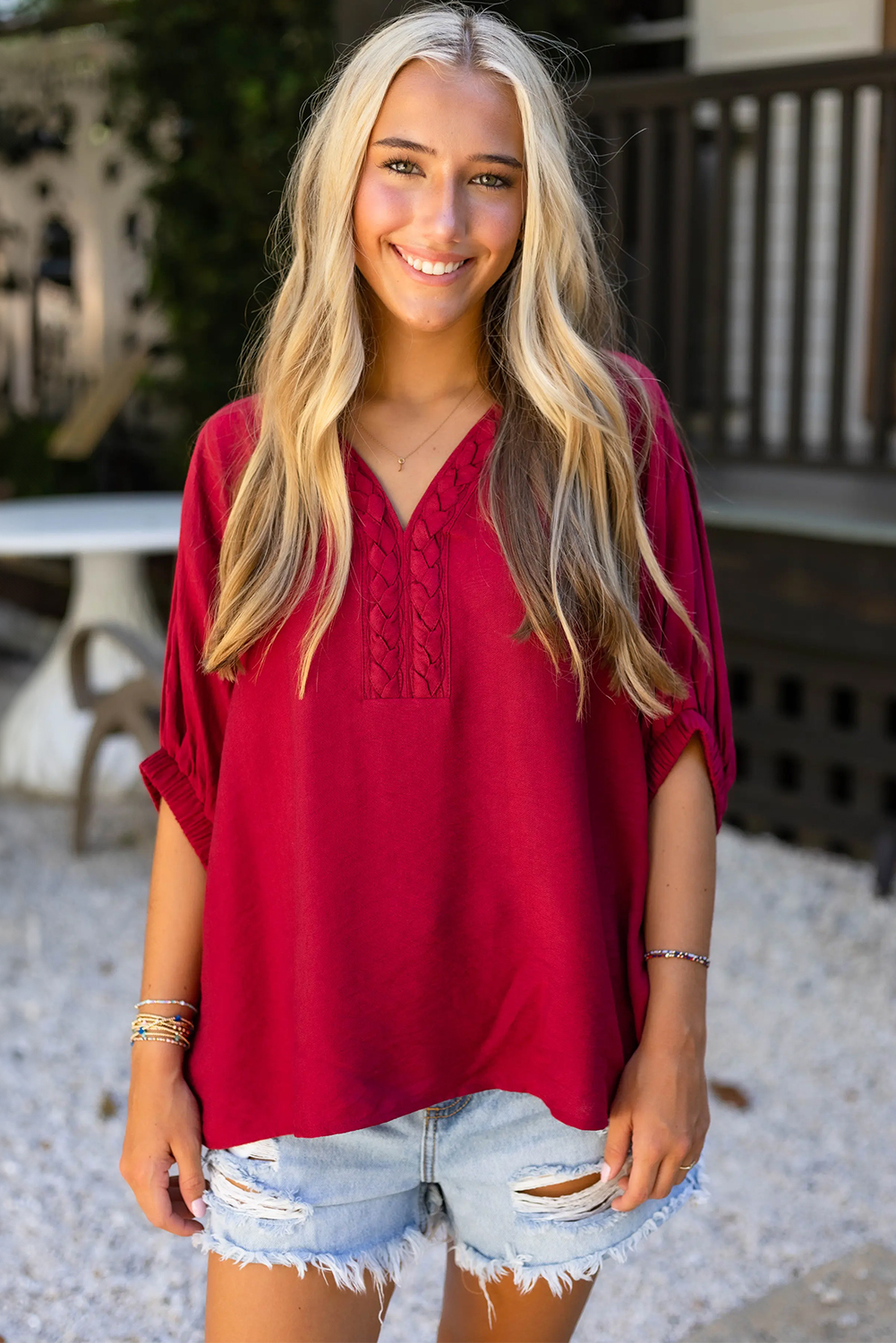 Racing Red Braided Trim V Neck Half Sleeve Blouse - loveforevers