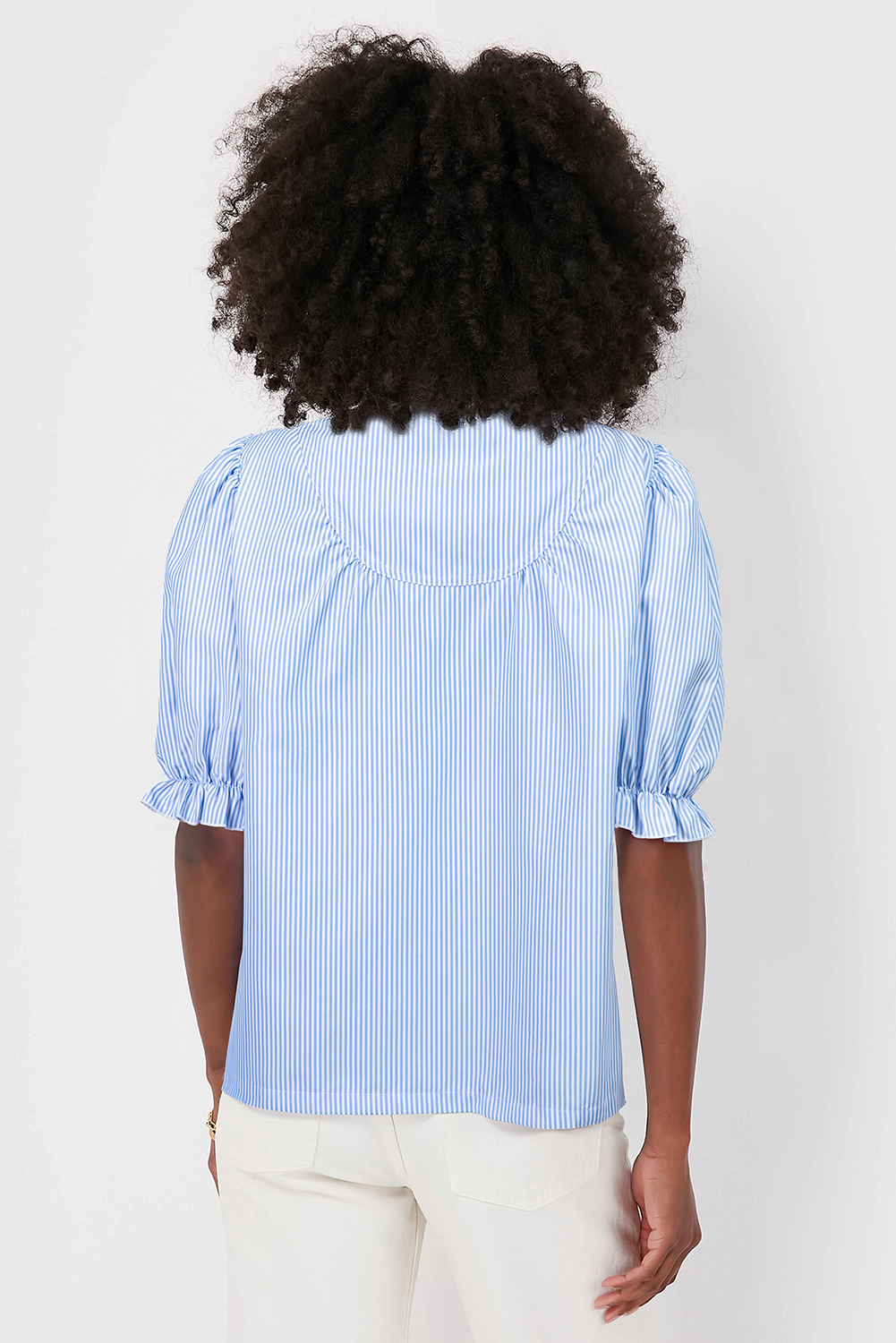 Sky Blue Stripe Ruffled Collar Puff Sleeve Half Buttons Blouse - loveforevers
