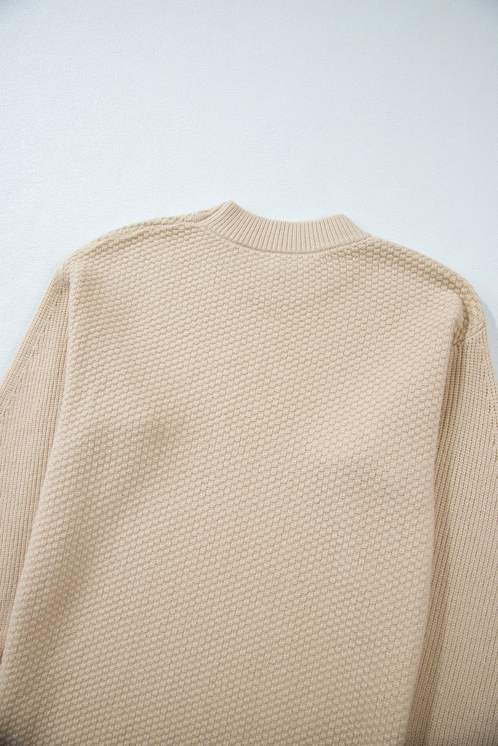 Parchment Solid Textured Knit Split Cuff Drop Shoulder Loose Sweater - loveforevers