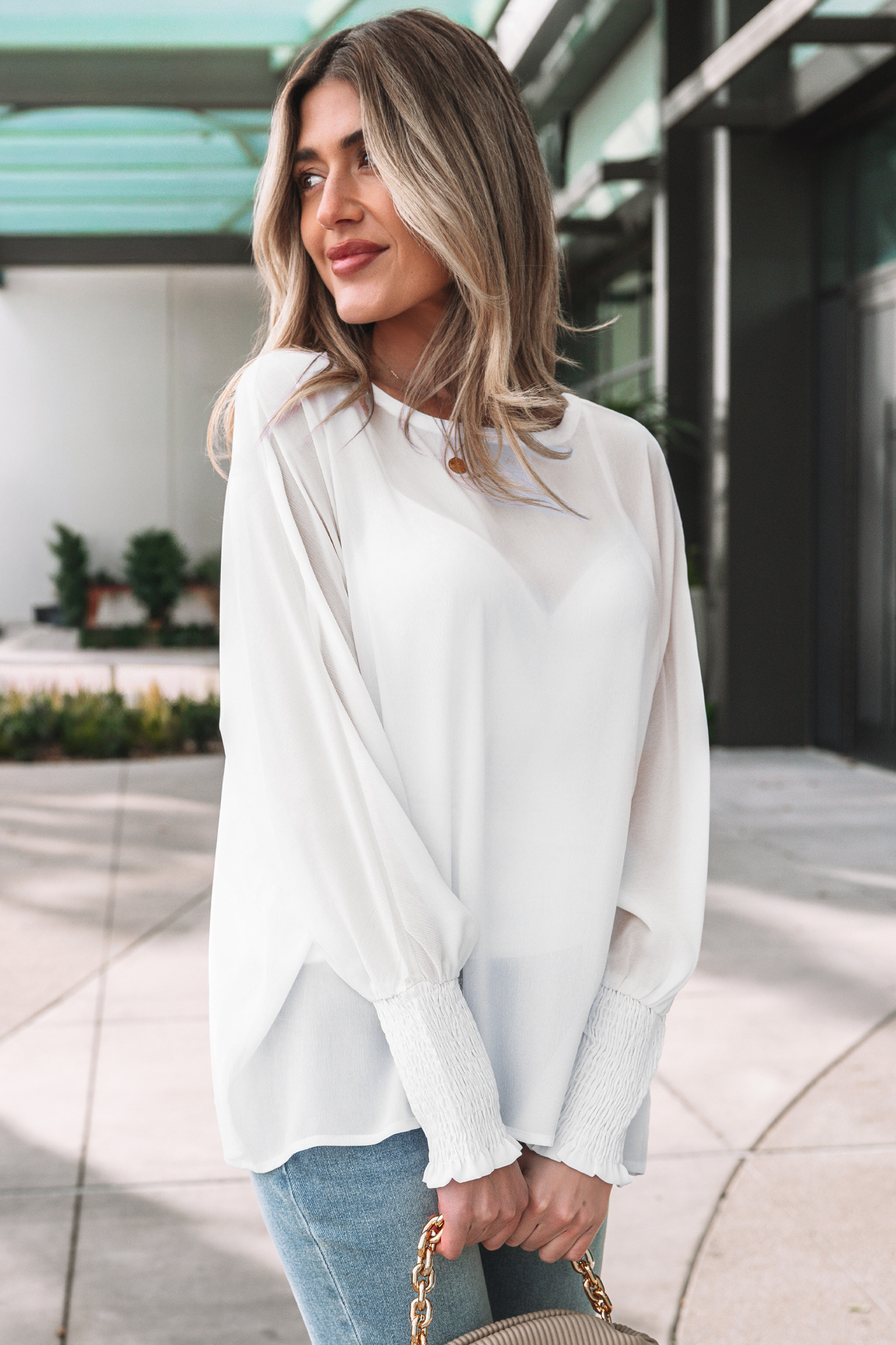 White Smocked Cuffs Semi Sheer Long Sleeve Dolman Blouse - loveforevers